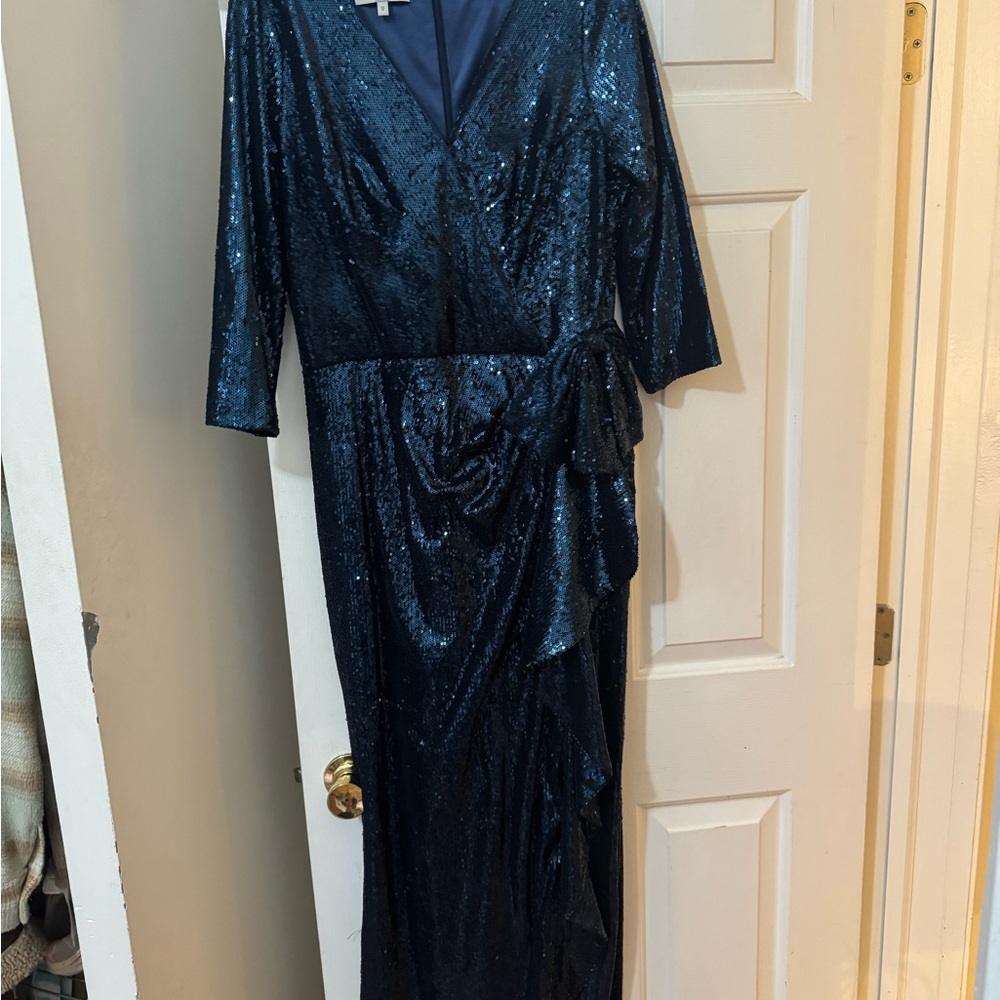 Rickie Freeman for Teri Jon Sequin Navy Blue Long Sleeve Dress, Size 12